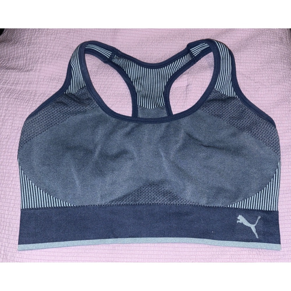 Puma Women's Seamless Blue Gray Medium Impact Racerback‎ Sports Bra, Large